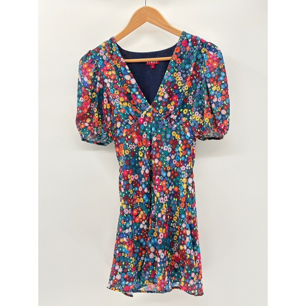 Staud Mini Dress Milla Rainbow Floral Puff Sleeve A Line Fairy Women Size 0 - Picture 2 of 12
